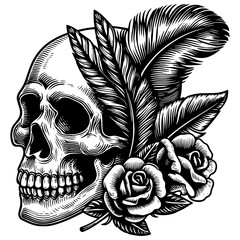 Skull head with rose of vintage illustration. Generative ai.