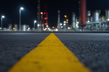 Road on the territory of factory. Night. Yellow stripe on the asphalt