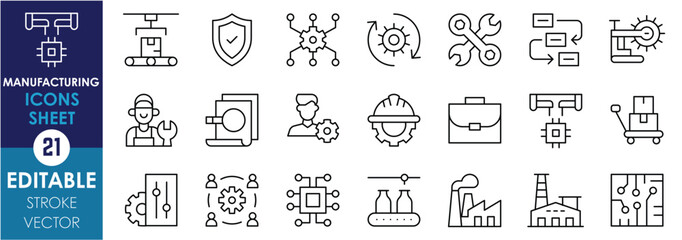 A set of line icons related to Manufacturing. Product, industry, automation, machines, electric, heavy, production, manager, employee, job, and so on. Vector editable stroke.