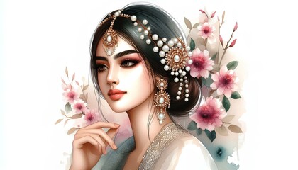 Naklejka premium beautiful young woman with a pearl hairpin, watercolor