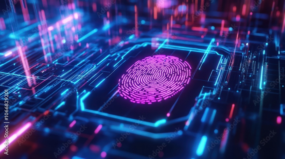 Poster biometric fingerprint scanner in neon glow, symbolizing secure technology and identity verification