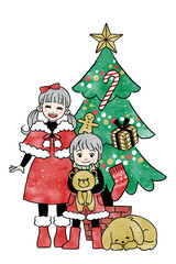 クリスマスツリーの前に立つサンタの衣装を着た子供たちのイラスト
