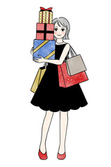 クリスマスのプレゼントを持つ女性の全身イラスト