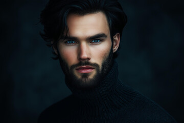 Obraz premium handsome man with black hair and a beard, dark blue eyes, and a long turtleneck sweater. He has very masculine features, and the image has a model photoshoot style with professional photography 