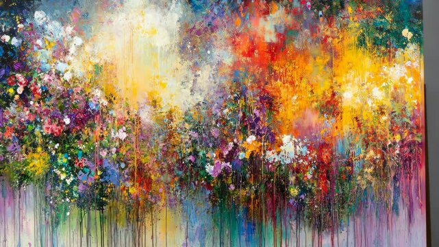 A vibrant abstract painting of colorful flowers in a garden setting