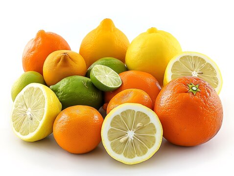 A collection of assorted citrus fruits including lemons limes and oranges artfully arranged on a spotless white background