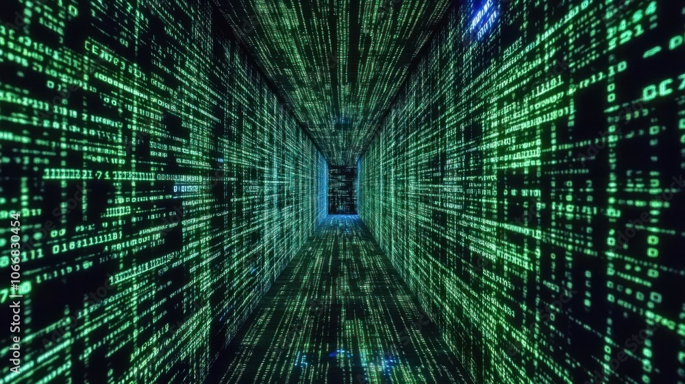 Poster digital data stream of numbers and code, representing information technology and analytics
