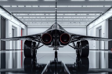 Black Jet Airplane with Red Engine Accents in Hangar