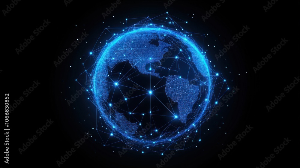 Poster digital globe with connected dots, symbolizing global data exchange and technology