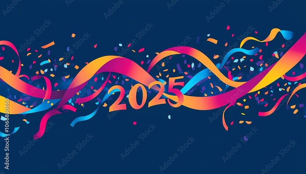 Fototapete vector illustration of a happy new year logo with colorful streamers and the numbers 