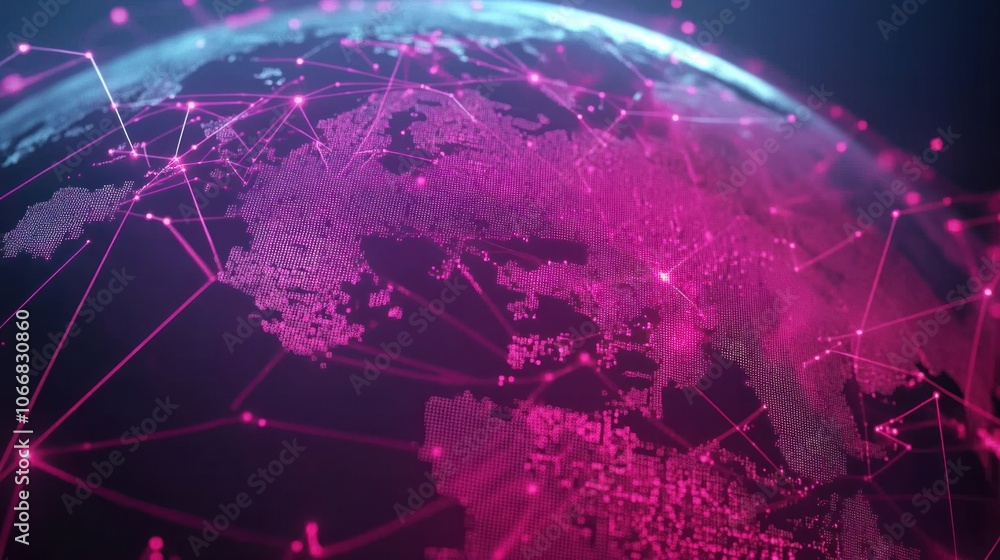 Poster digital globe with connected dots, symbolizing global data exchange and technology