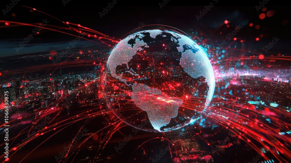 Poster digital globe with connected dots, symbolizing global data exchange and technology