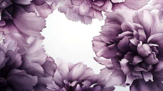 Purple peonies frame a white background, creating a soft and romantic feel