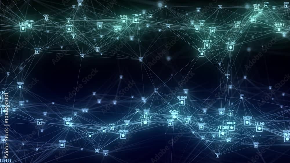 Poster Business futuristic backdrop. Network connection structure cyberspace with moving particles and numbers. Big data visualization. Abstract cyber security background in database. 3D rendering.
