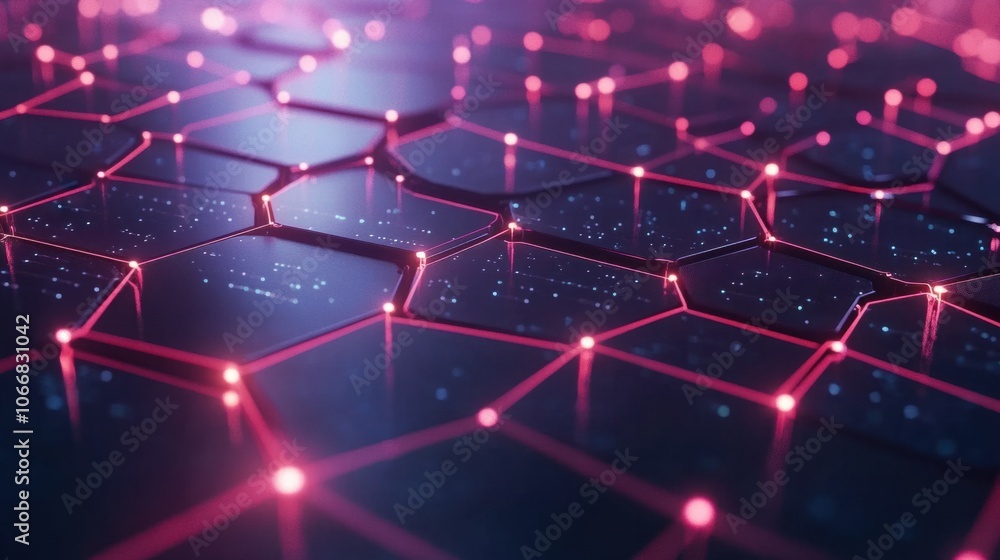 Poster digital hexagons connected by lines, symbolizing innovative tech and digital transformation