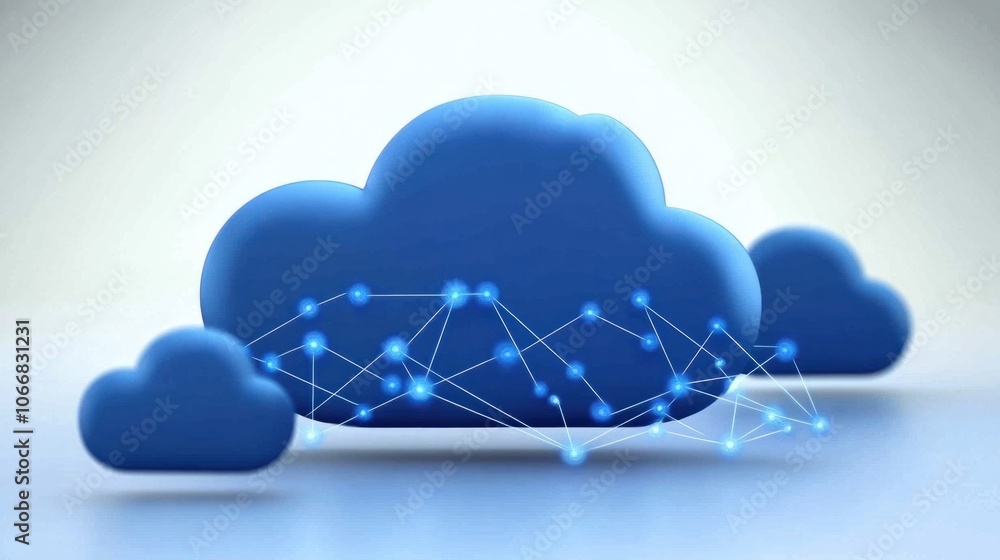 Poster floating cloud icons connected by digital lines, symbolizing cloud computing technology