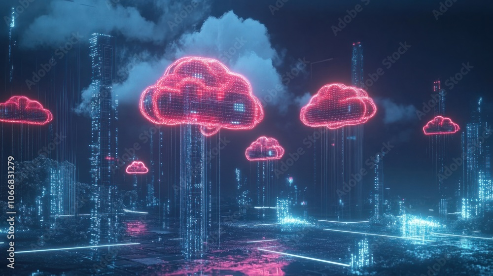 Aufkleber floating digital hologram icons, symbolizing ai and cloud computing on a futuristic background
