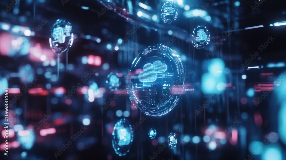 Aufkleber floating digital hologram icons, symbolizing ai and cloud computing on a futuristic background