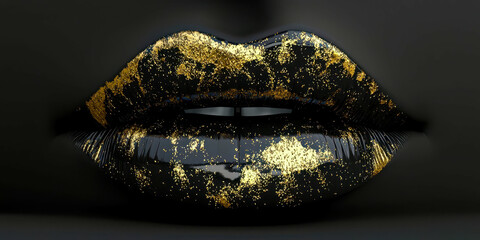 A gold and black painted lips with gold glitter
