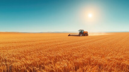 Fototapeta premium Scenic View of a Tractor Harvesting Wheat in a Vast Golden Field Under a Clear Blue Sky with the Sun Shining Brightly