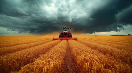 Obraz premium Red Tractor Harvesting Wheat in a Vast Field Under Dramatic Stormy Skies with Dark Clouds Approaching