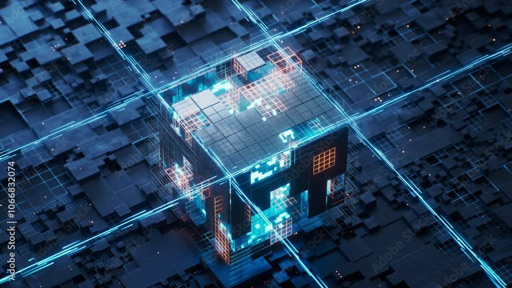 Aufkleber technology circuit board and core, 3d rendering.