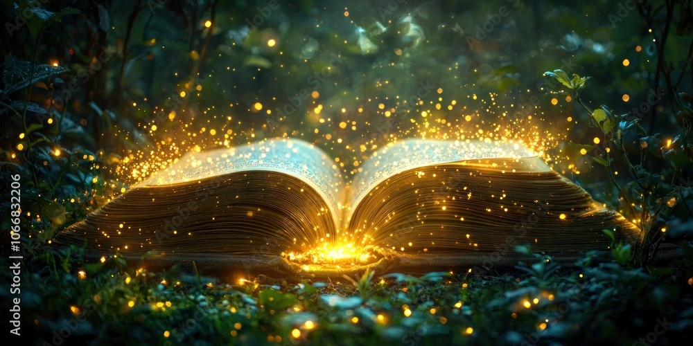 Aufkleber open book glowing with golden sparks in a lush forest setting