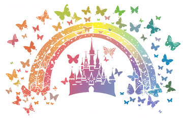 Fototapeta premium A whimsical illustration featuring a fairytale castle surrounded by colorful butterflies and a vibrant rainbow, evoking a sense of magic and wonder.