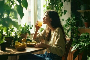 Woman sipping lemonade at indoor plant cafe