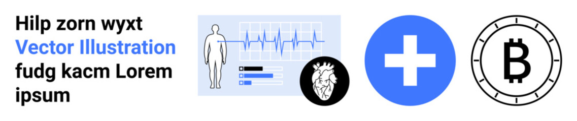 Fototapeta premium Human anatomy figure, heart monitoring graph, blue healthcare cross, and black Bitcoin symbol. Ideal for medical technology, financial technology, cryptocurrency, digital health, blockchain
