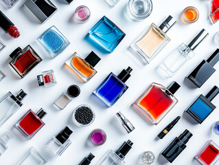 Top view of a collection of perfumes lipsticks and accessories