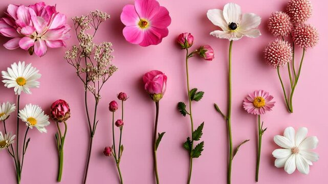 A variety of flowers are arranged in a row on a pink background