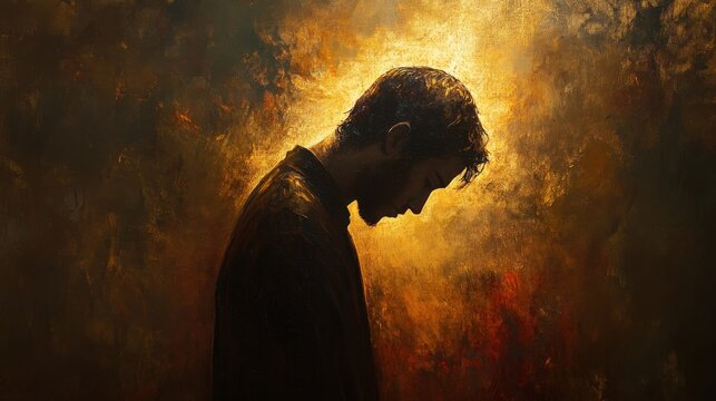 A devout person humbly prays with their head bowed, surrounded by a warm, radiant glow that conveys a deep sense of spirituality and tranquility