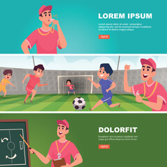 coach. football sport instructor for kids vector horizontal banners