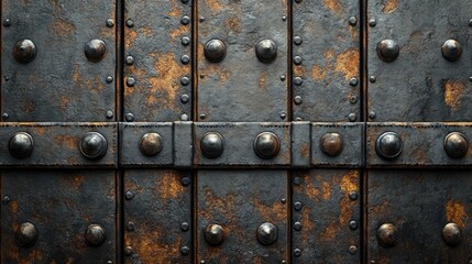 Fototapeta premium Rustic Metal Door with Rivets and Rusty Texture for Industrial and Vintage Design Backgrounds