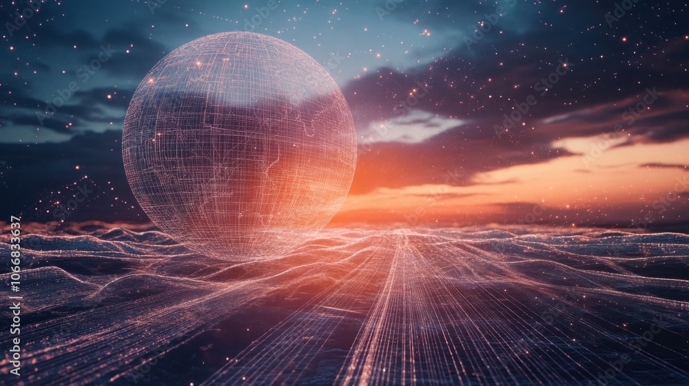 Aufkleber virtual world with wireframe globe and tech lines, symbolizing digital transformation