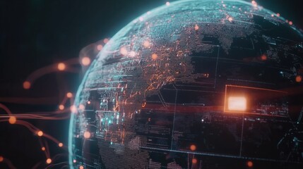Wireframe globe with tech connections, representing digital transformation and global data