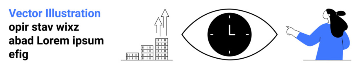 Eye-shaped clock symbolizes time management, growth graphs for business success, illustrated woman analyzing trends, text for representation, buildings indicate urban development. Ideal for business