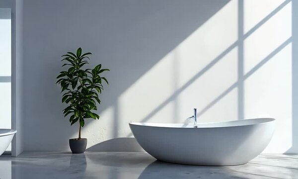 Minimalist bathroom interior with a white bathtub and a green plant in a pot in front of a large window.