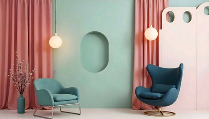 modern living room 3D rendering blue and green sofa