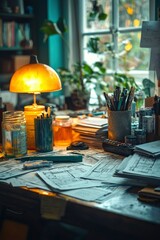 A Desk Scattered with Papers and Art Supplies Under a Lamp