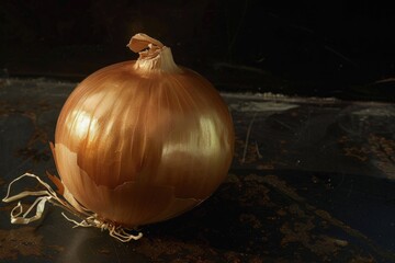 Golden onion sits on a black surface