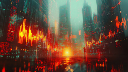 Naklejka premium Digital indicators and falling graphs show stock market crash with modern city in double exposure