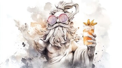 Bearded Marble Man with Pink Sunglasses and Tropical Drink – Perfect Vintage Poster for Sports Lounge or Summer Vibes Decor!