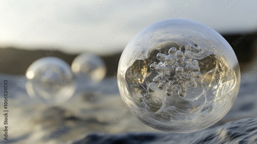 Poster 3d render of transparent stem cells with nucleus, symbolizing scientific progress in cellular studie