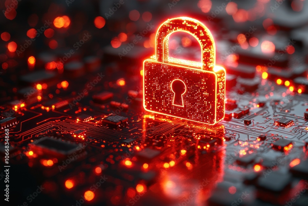 Poster glowing red padlock on a circuit board