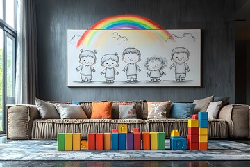 Cozy living room with colorful blocks and cheerful wall art