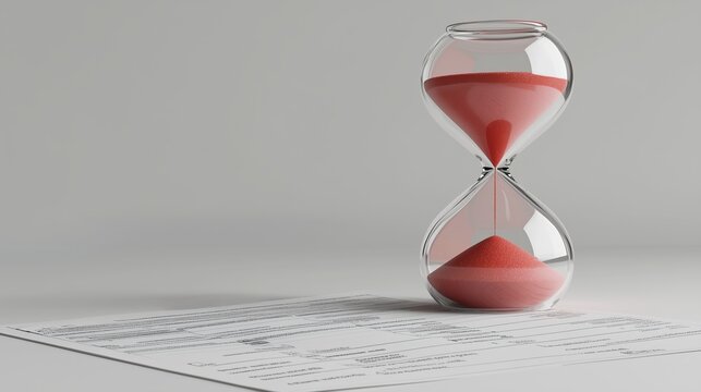 An hourglass sits beside a document, symbolizing the passage of time in a business setting with red sand flowing through