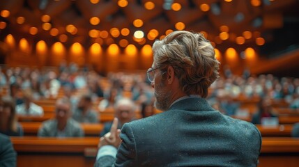Obraz premium Biopharma CEO Presenting Biotechnology Innovations to Diverse Industry Leaders at International Medical Summit