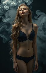 Naklejka premium Creative portrait for a young slim woman in beautiful lingerie in clouds of smoke on a plain background. Advertising photo shoot.